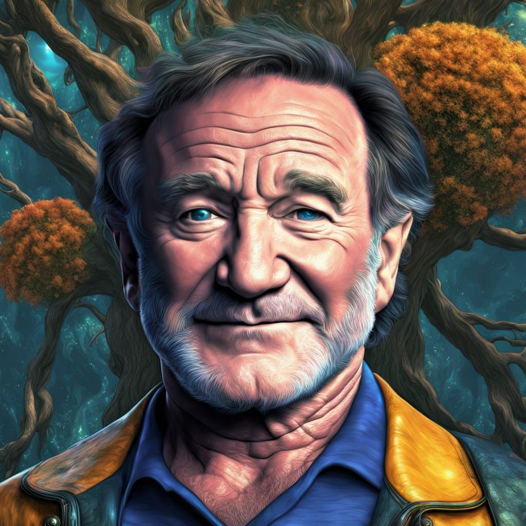 Robin Williams Portrait in Cyberpunk 3D Rendering