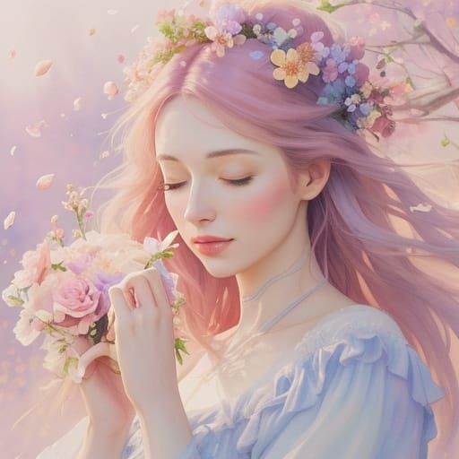 Girl with Flowers in Watercolor Style