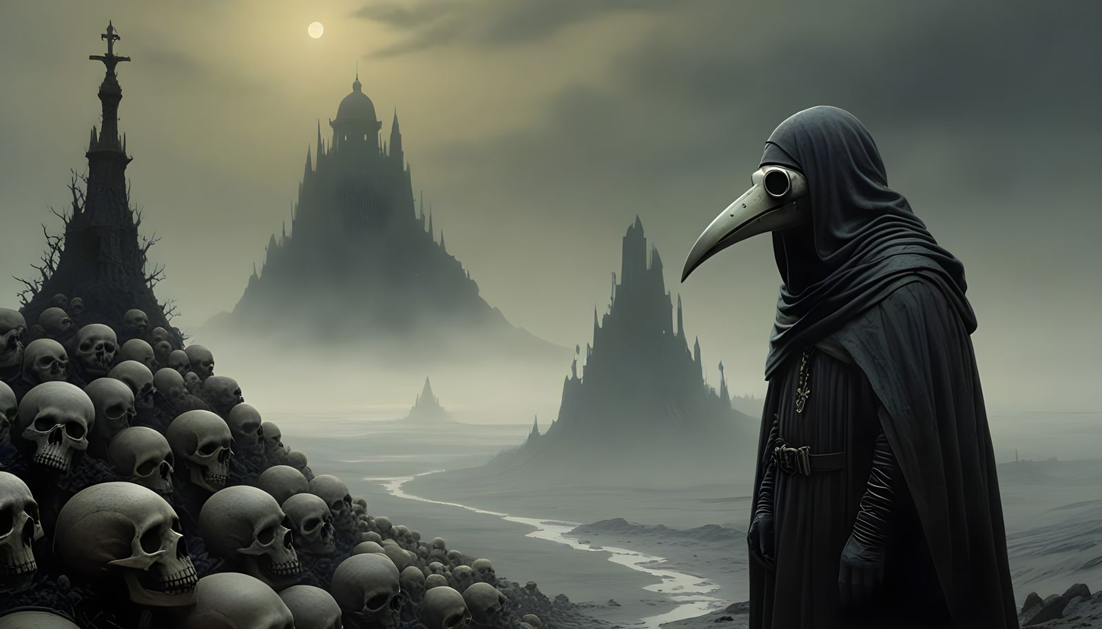 Plague Doctor in Desolate Wasteland: Digital Painting