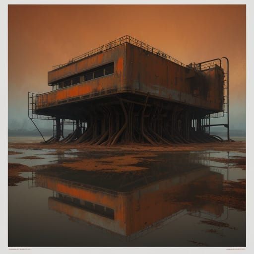 Weathered Metallic Ruin Amidst a Brown Mud Landscape