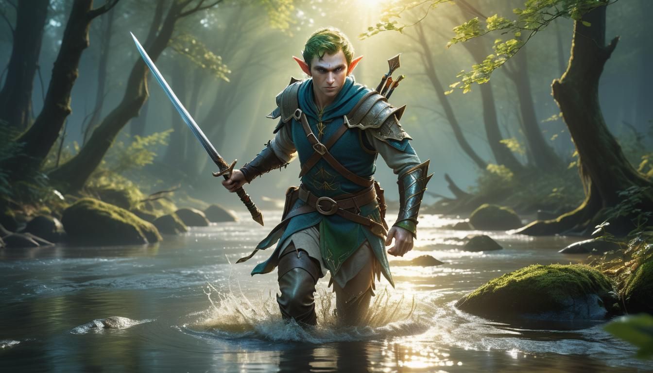Fantasy Elf Ranger Runs Through Misty River