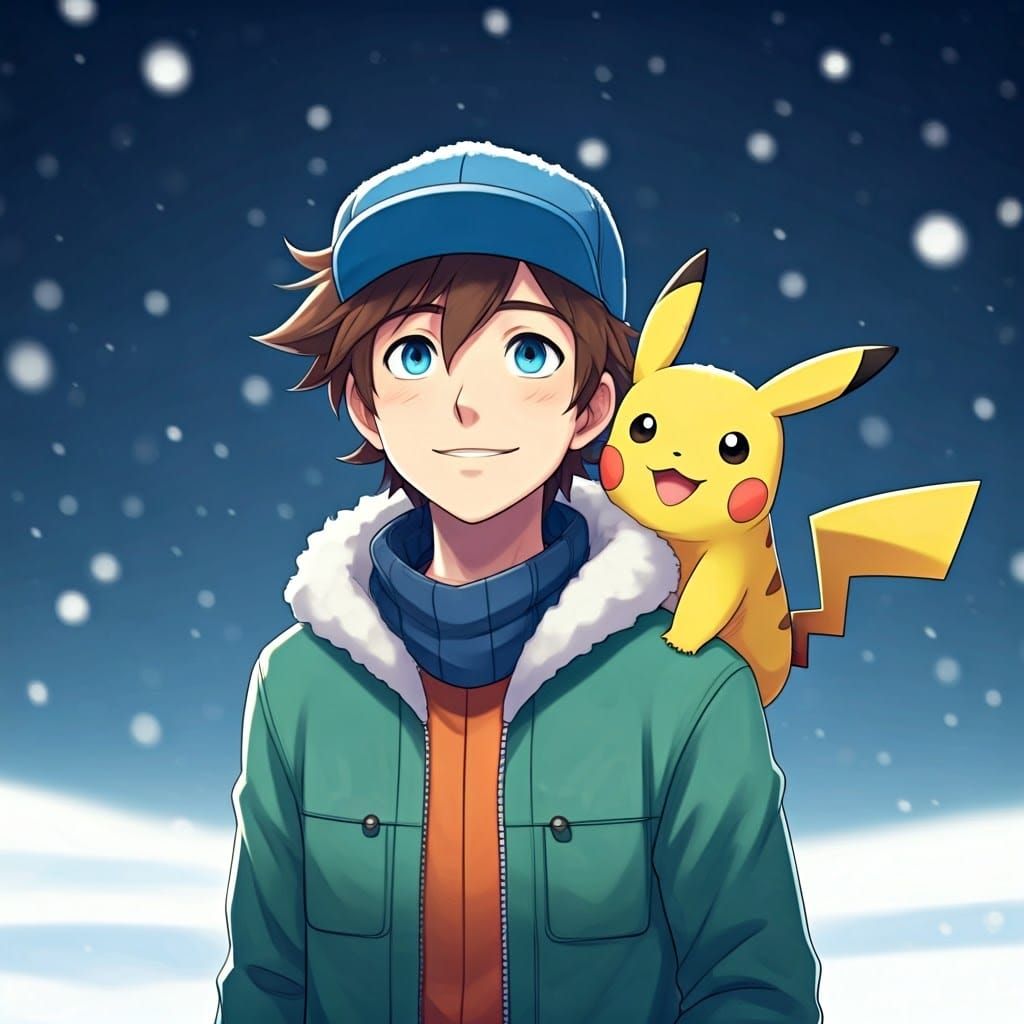 Pokémon Trainer and Pikachu in Winter Wonderland