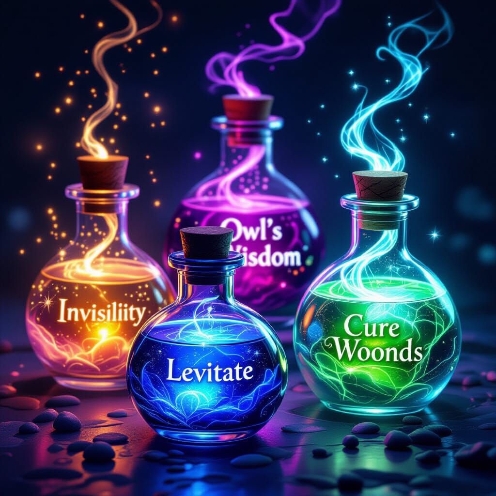 Four Glowing Magic Potions in Mystical Arrangement
