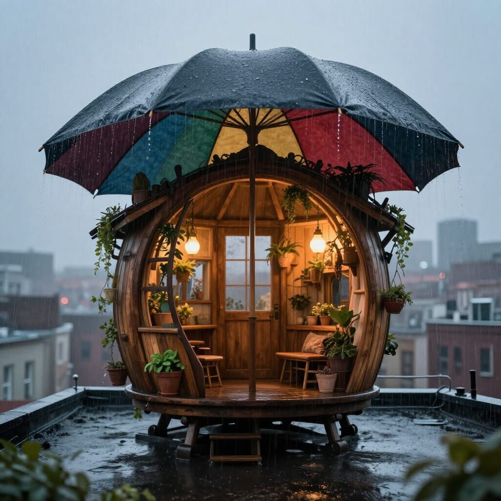 Cozy Umbrella Home on Rainy Rooftop