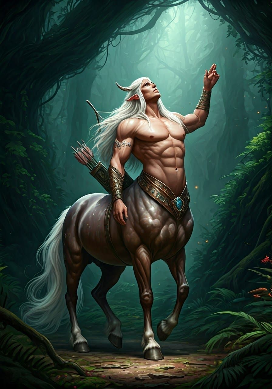 Close up of a beautiful centaur with long white hair in an e...