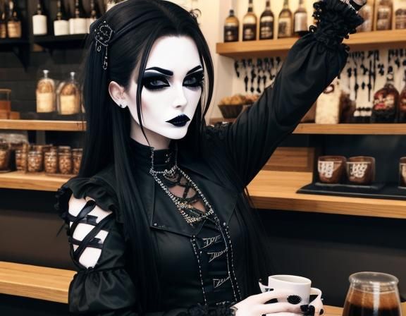 Goth Fashion Model in Coffee Shop
