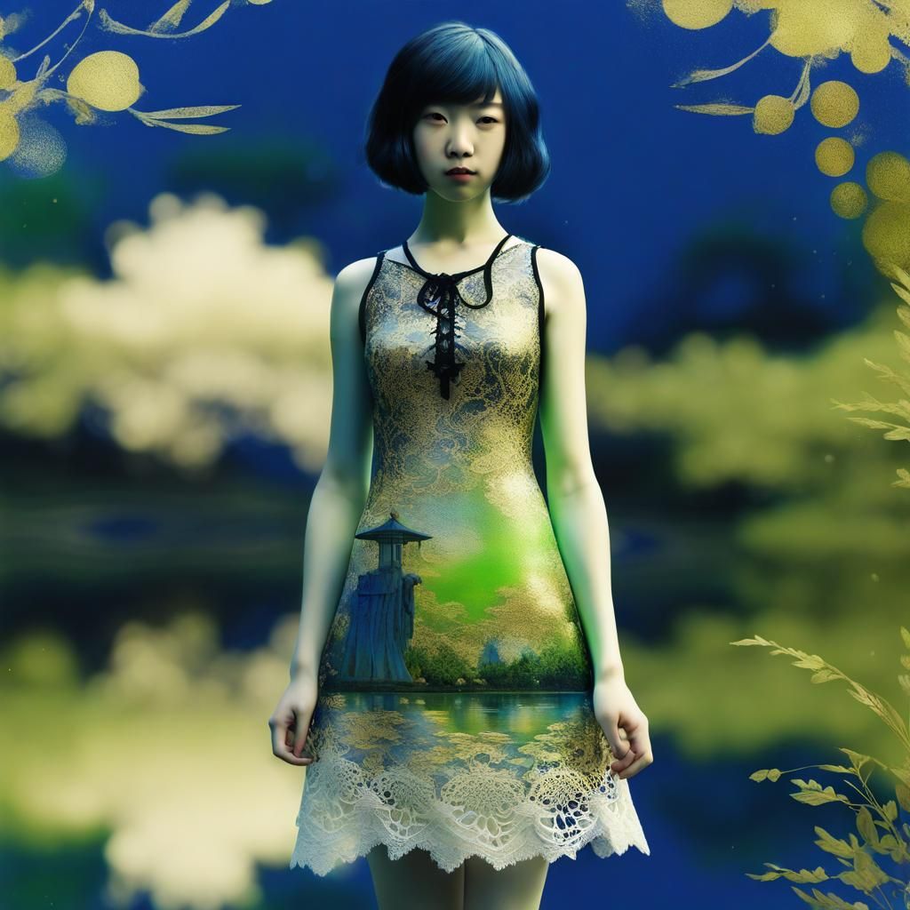 Japanese Girl by Lake in Art Nouveau Style