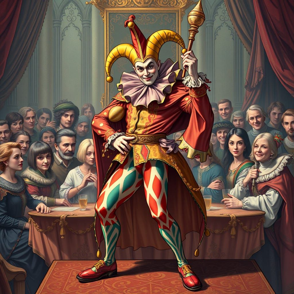 Confident Jester in Exquisite, Flowing Art Deco Style