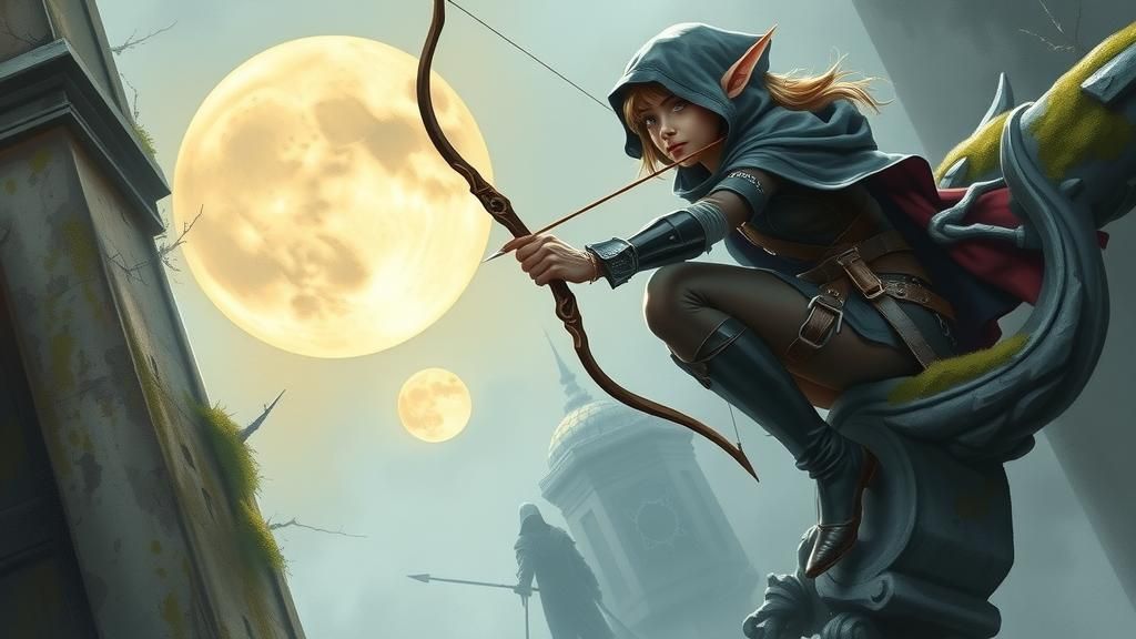 Elven Rogue on Gargoyle in Ethereal Moonlight