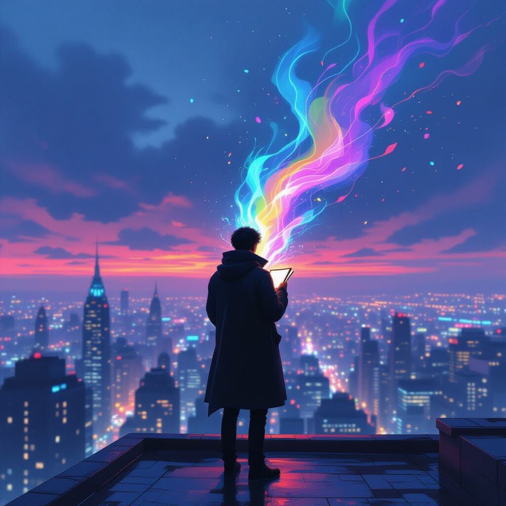 Rooftop Luminescence: A Cyberpunk Notebook at Dusk