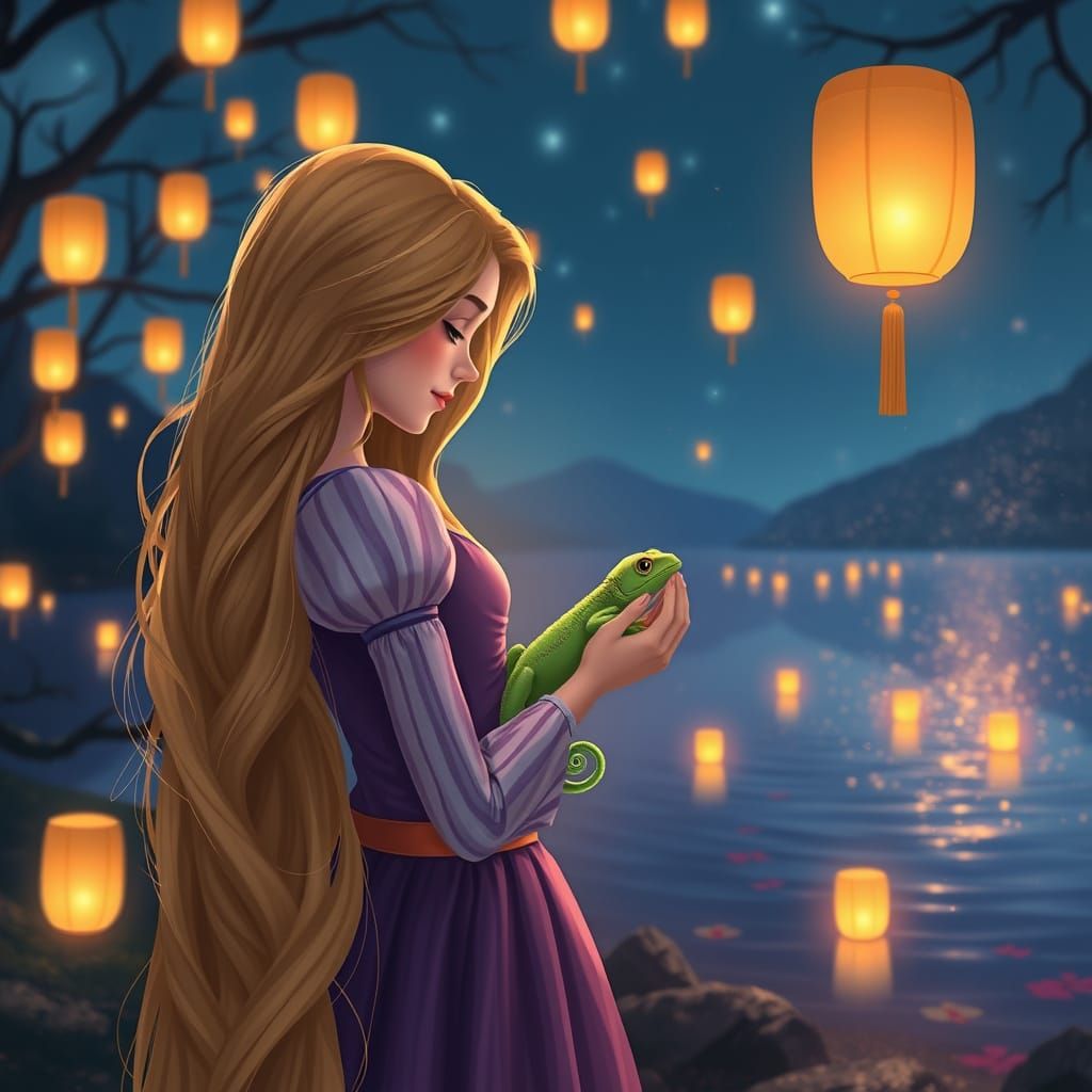 Gentle Princess with Lizard in a Sparkling Night Lake