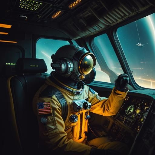 Astronaut in Retro-Futuristic Sci-Fi Spacecraft