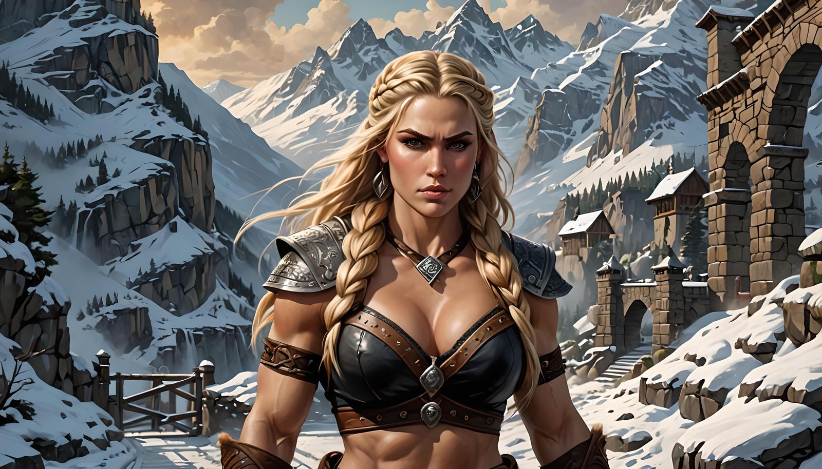 Hyper Detailed Barbarian Woman on Stone Bridge