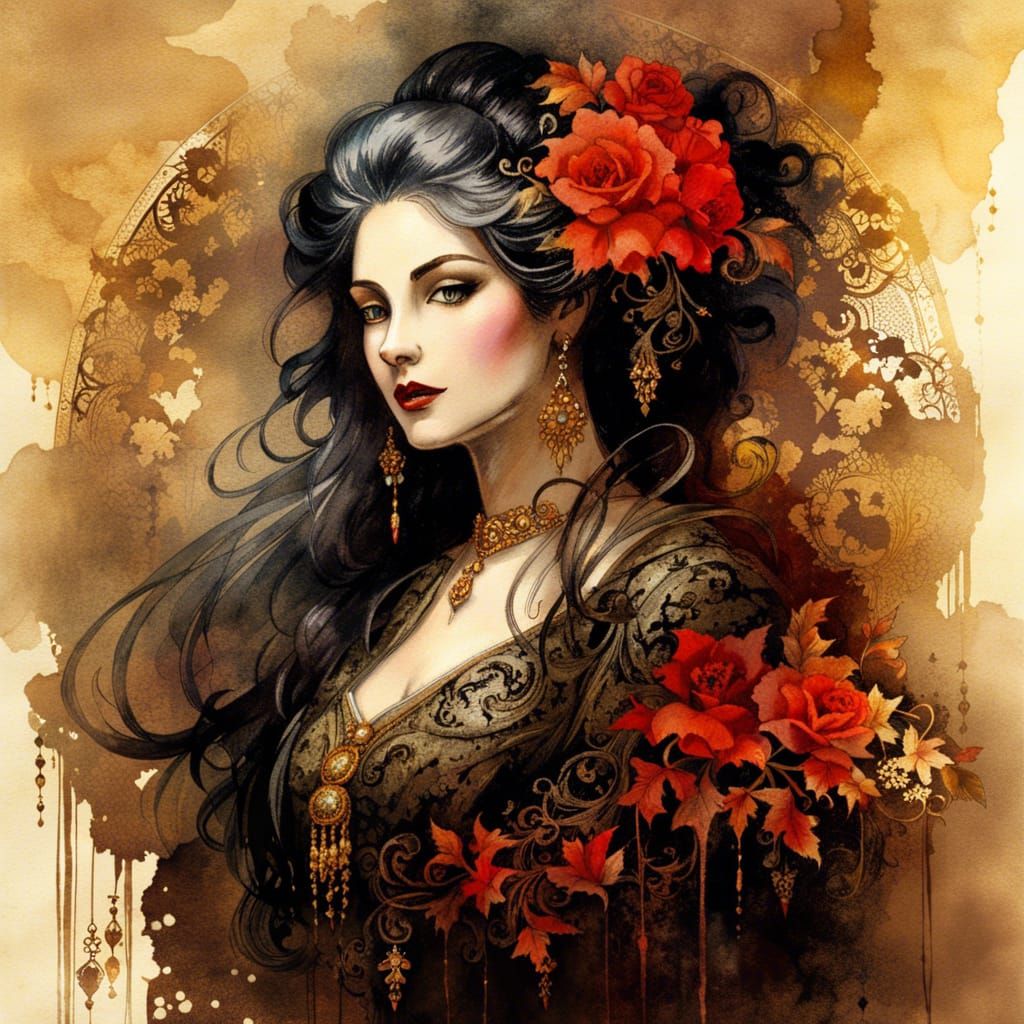 Ornate Dark Vampire Queen in Watercolor Style