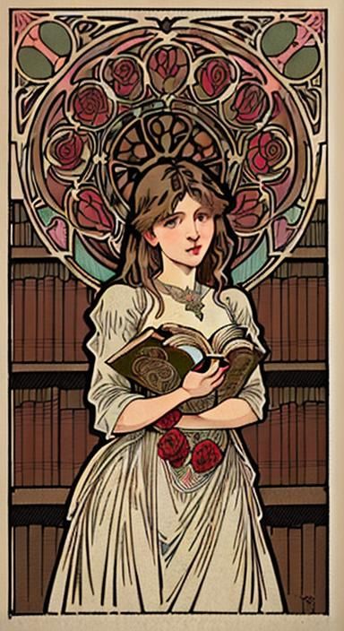 Woodcut of Chocolate, Roses, and Hearts in Library