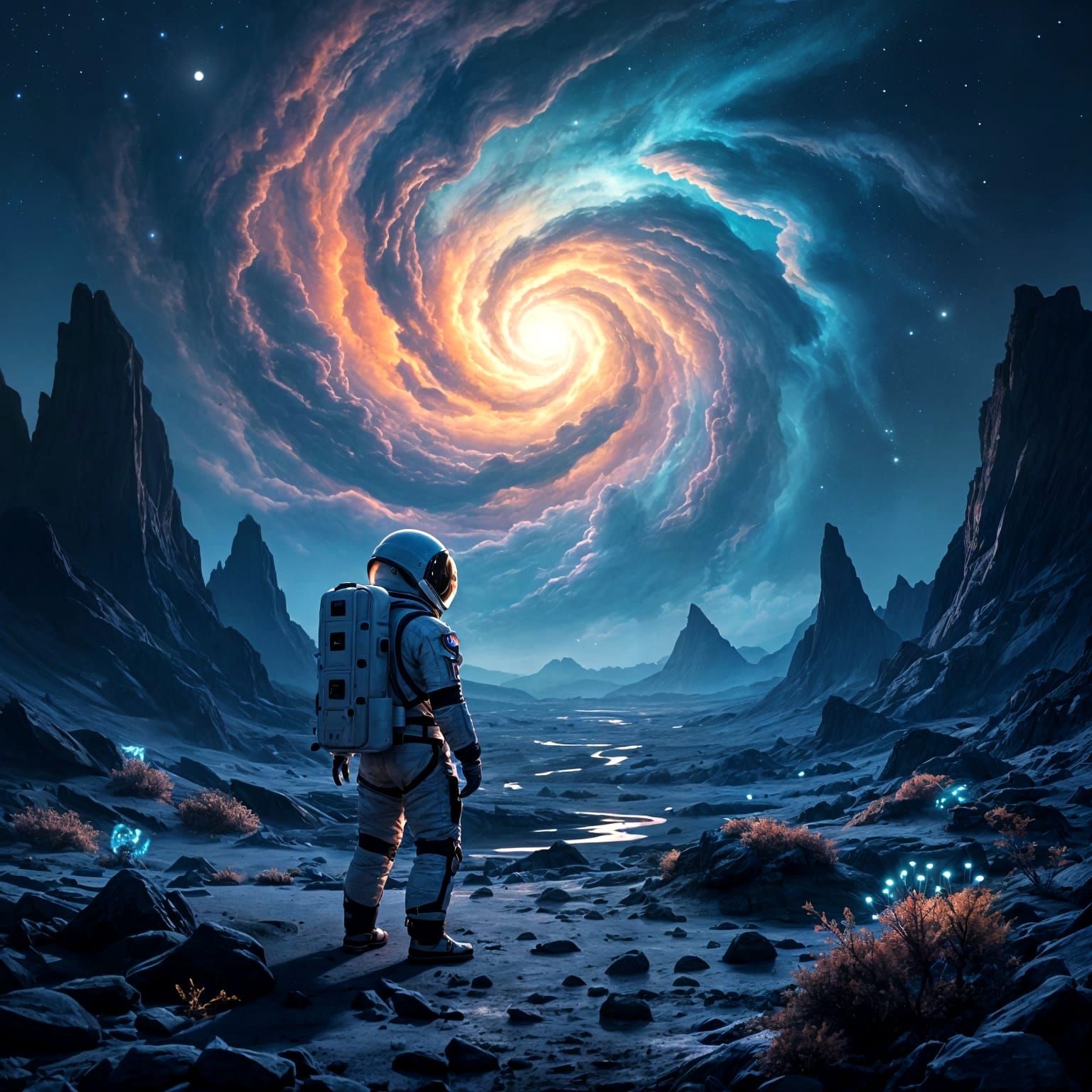 Astronaut on Alien Planet Under Nebula Sky