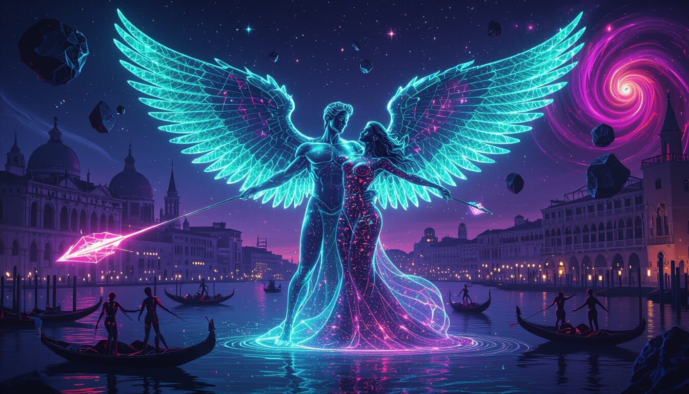 Holographic Amor Sculpture in Neon Cyber-Venice