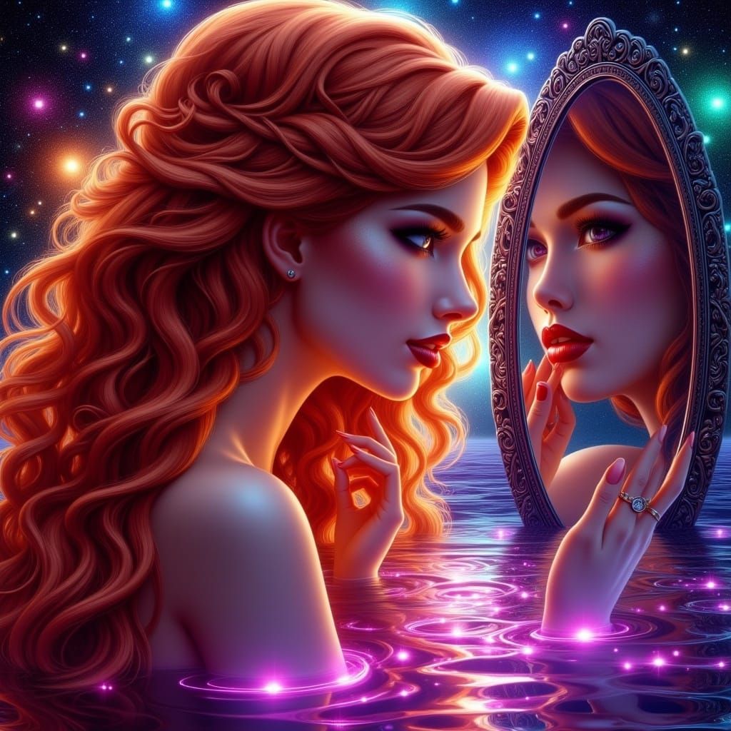 Dreamy Woman Reflecting Galaxy: Dark Fantasy Concept Art