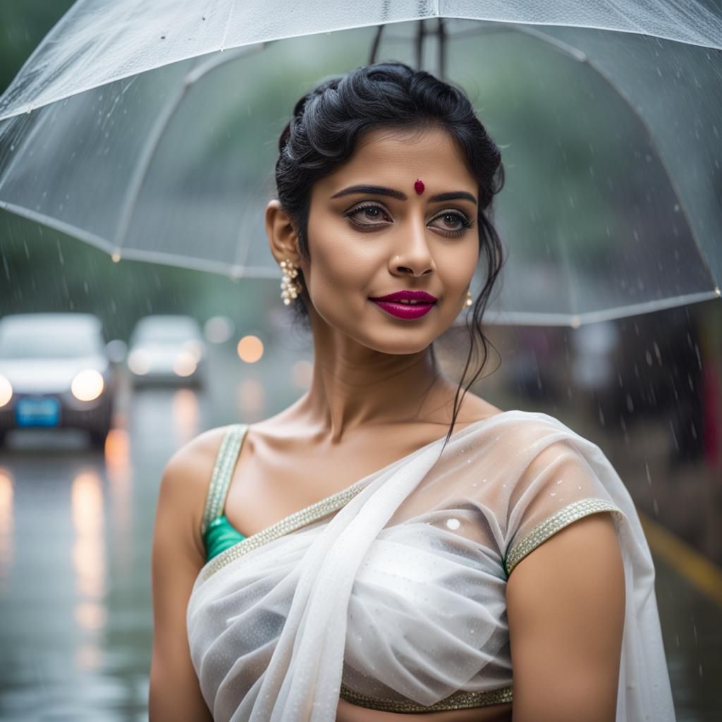 Woman wearing transparent white saree in the rain