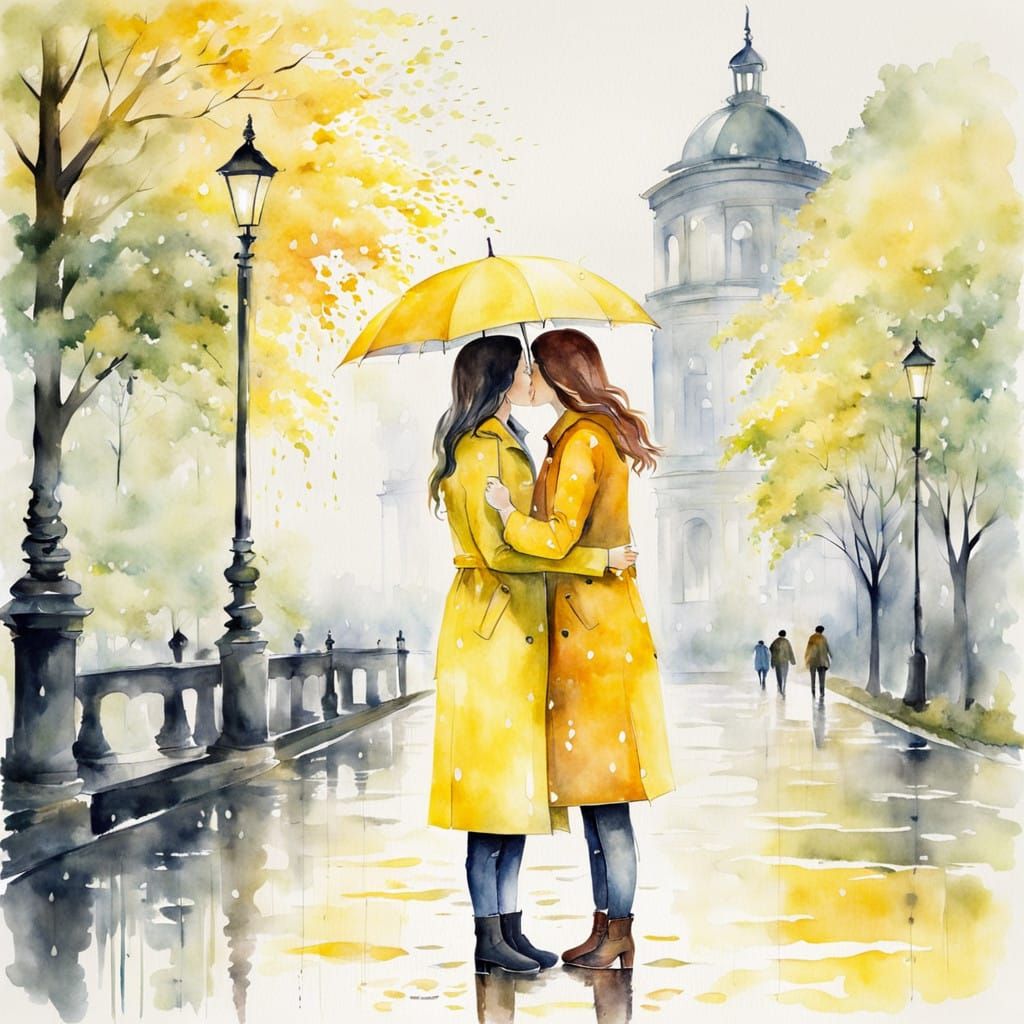 Romantic Springtime Lovers Under Umbrellas