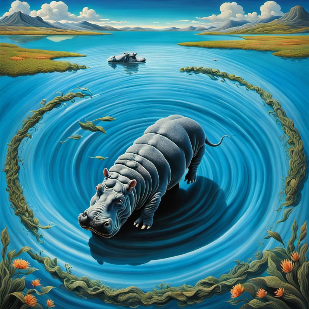Hippo in Surreal Vortex Landscape, Salvador Dali Style