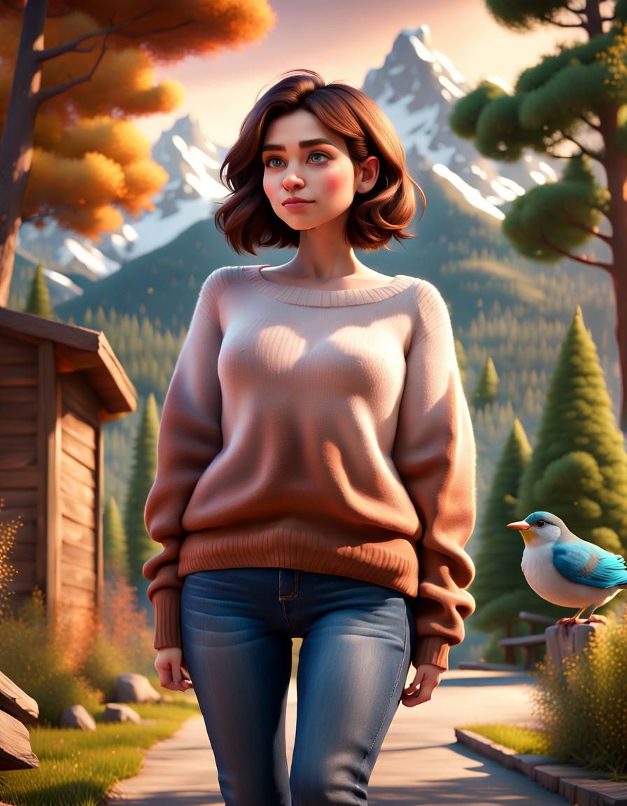 Woman in Outdoor Scene: Pixar-Style 3D Render