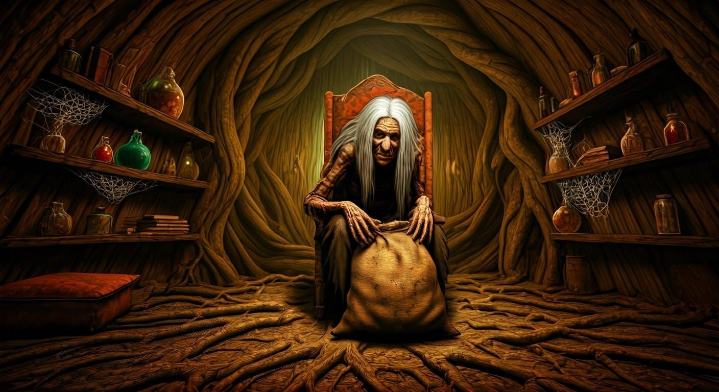 Ancient Hag in Mystical Sanctum with Burlap Sack