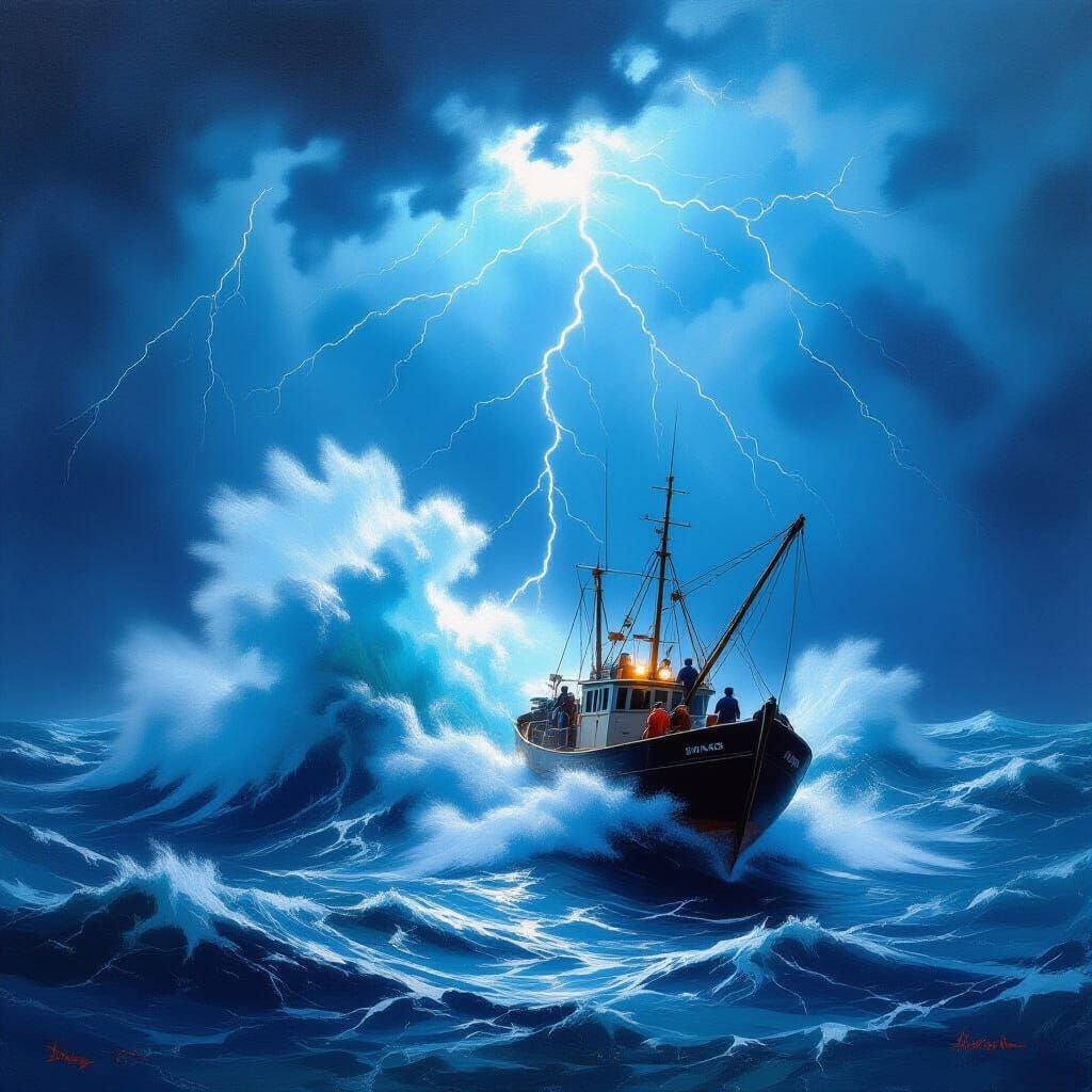 Trawler Battling Cosmic Storm as Oil Painting