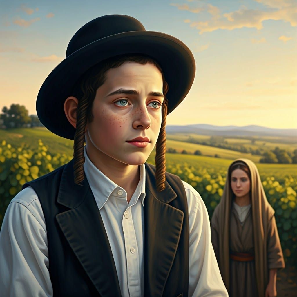 Young Hasidic Prophetic Figure Contemplates Future in Golden...