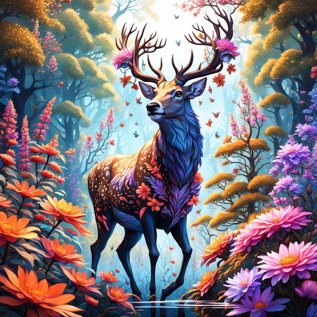 Fantastical Deer and Floral Life in Deep Color