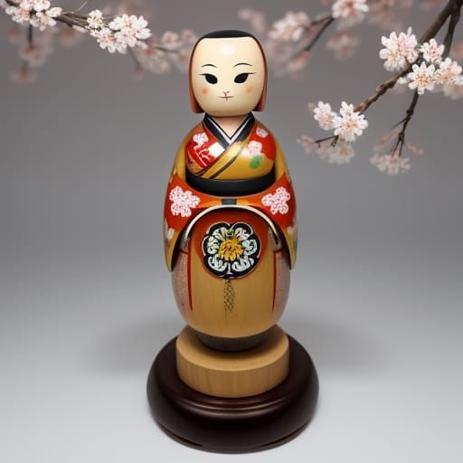 Japanese Kokeshi Doll in Vibrant Floral Art