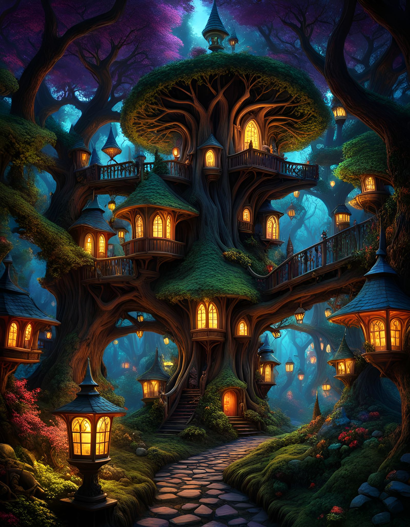 Magical Fairytale Village Optical Illusion in Dark Fantasy S...