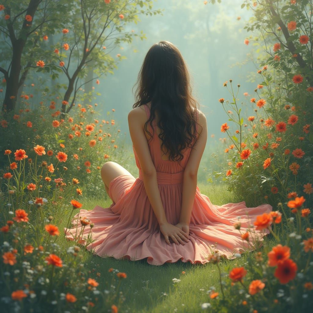 Woman in Floral Garden, Dreamy Art Style