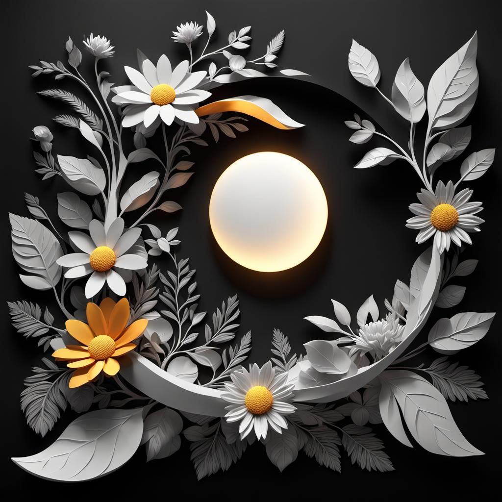 Abstract 3D Sun and Moon Shape with Foliage