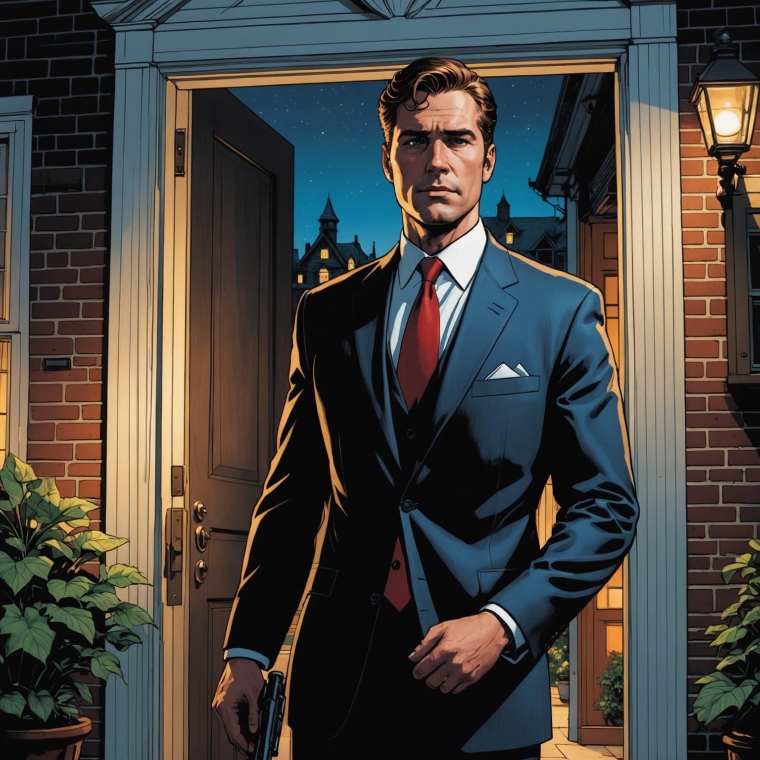 A Security Guard in Front of a Large House at Night, in Comi...