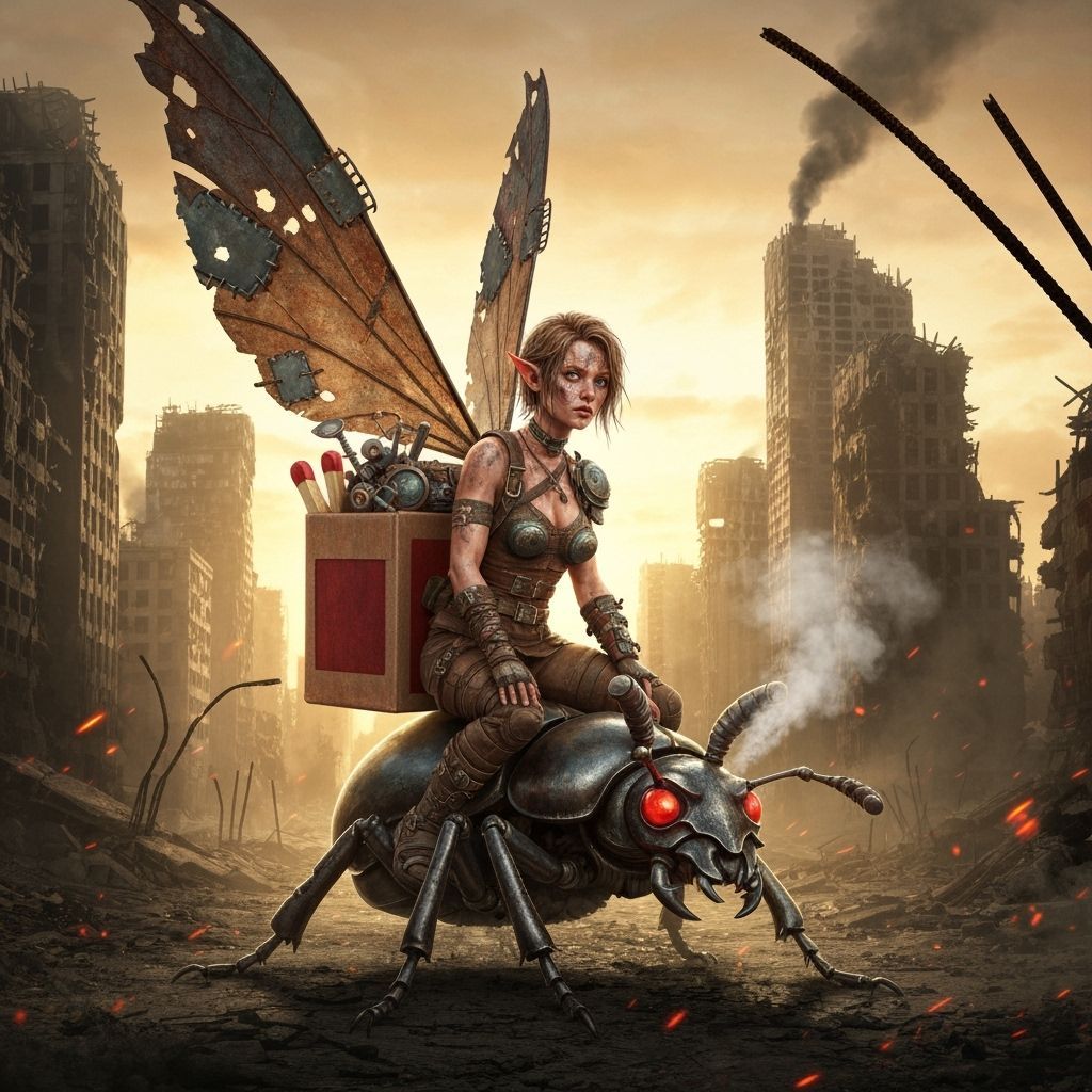 Post-Apocalyptic Scavenger Fairy Rides Mechanical Beetle