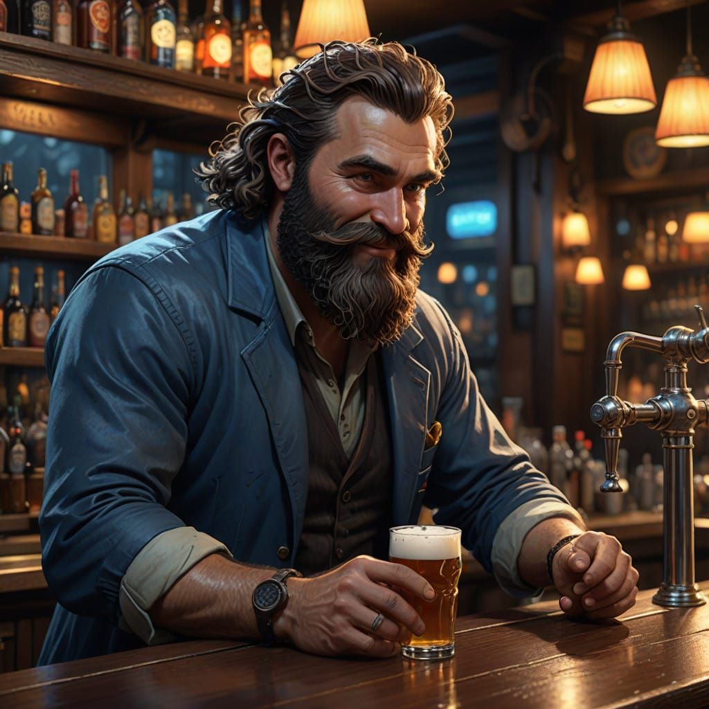 Fantasy Bartender in Warm, Golden Bar
