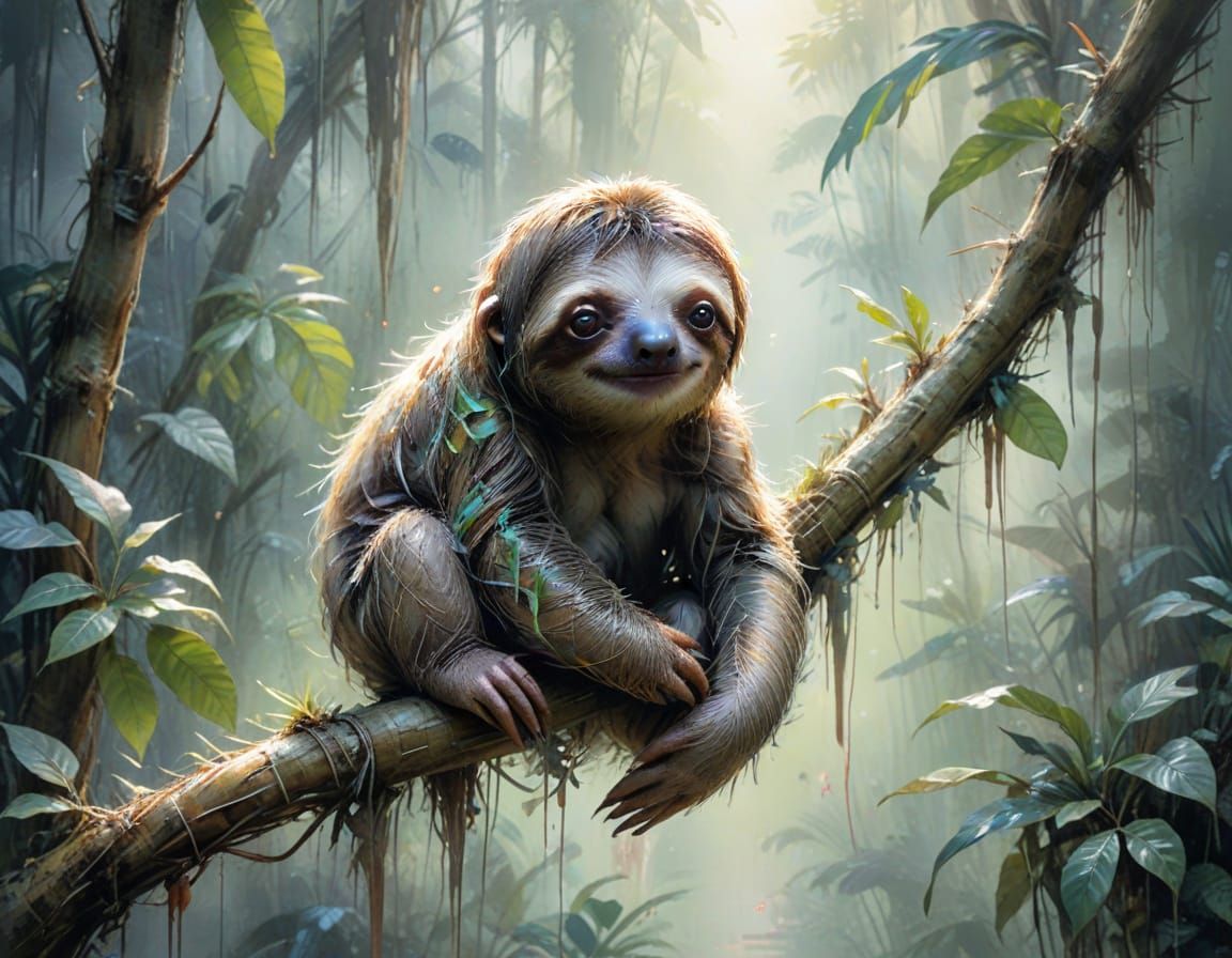 Baby Sloth in Misty Rainforest, Watercolor Style