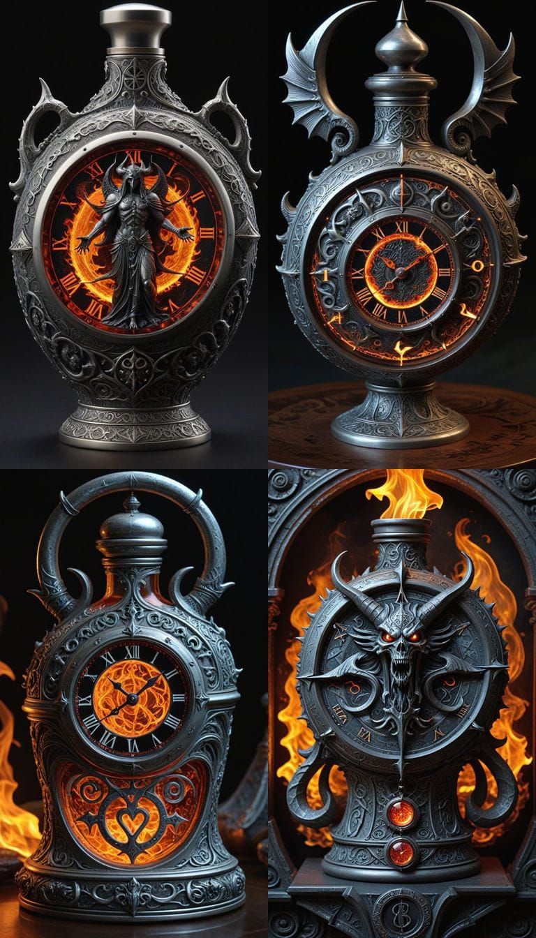 Gothic Silver Flask with Intricately Engraved Demonic Symbol...