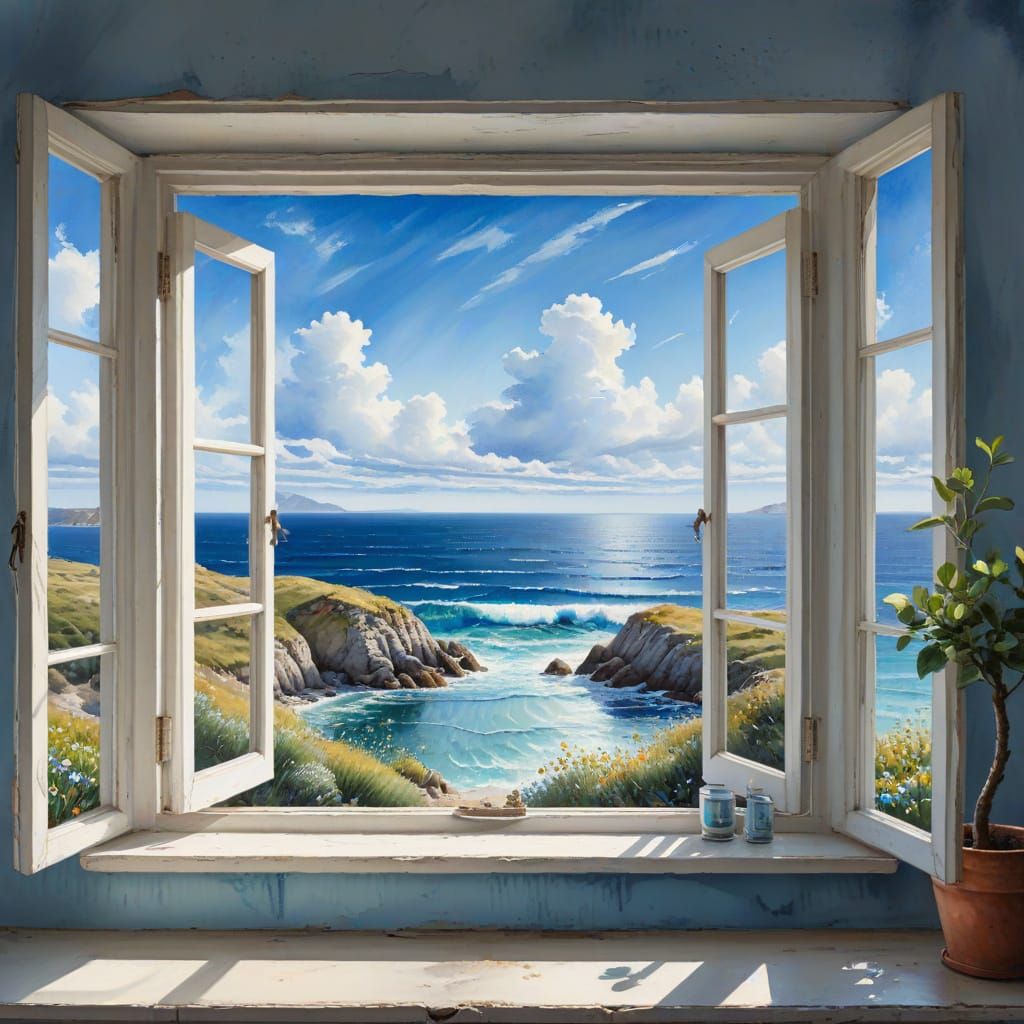 Coastal Landscape Seen Through Window and Watercolor Paintin...