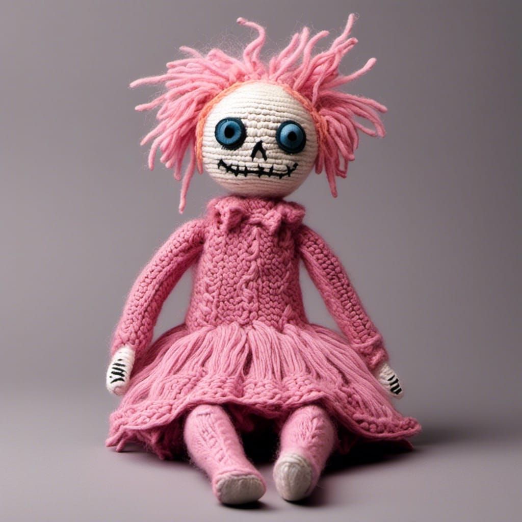 <lora:Embroidered:1.0> pink knitted spooky Halloween doll
