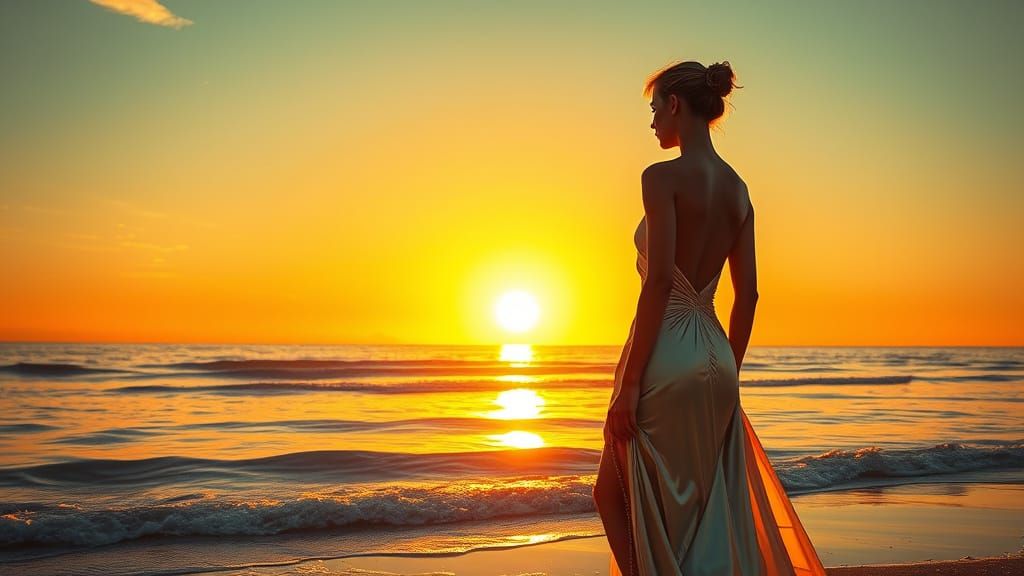Elegant Woman Gazing at Futuristic Sunset