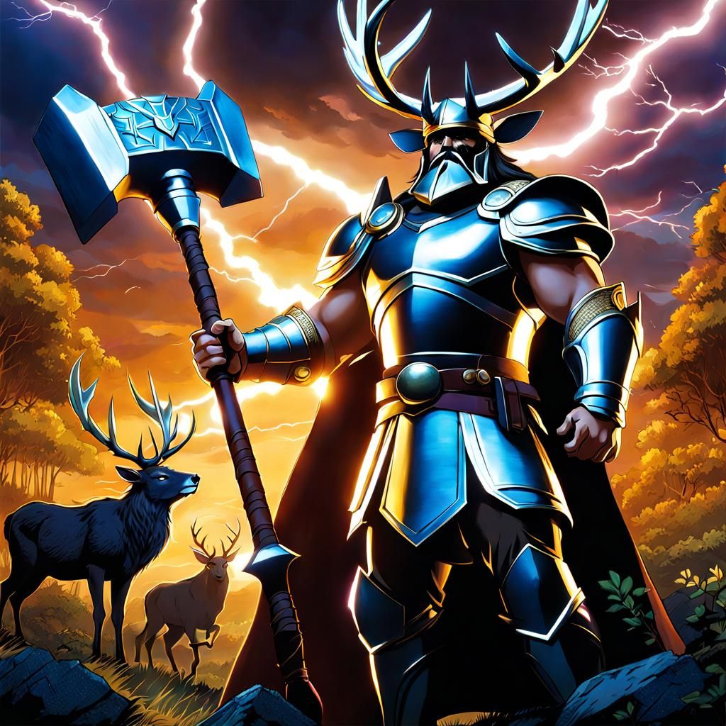 Robert Baratheon with war hammer, stag helmet, lightning and...