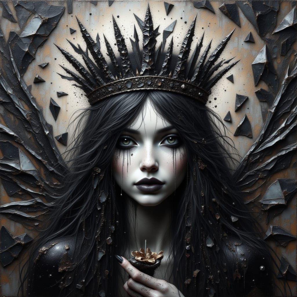 Gothic Queen with Broken Glass Crown Grunge Painting