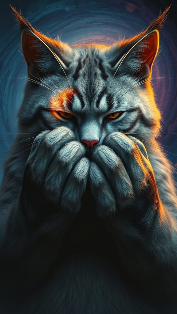 Despairing Anthropomorphic Feline in Colorful Digital Art