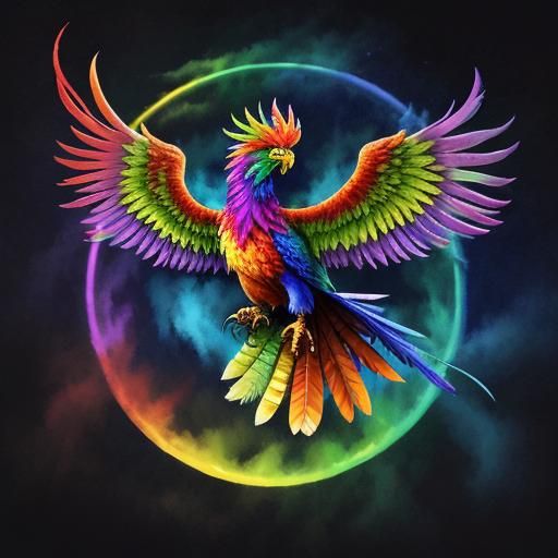 Rainbow Phoenix Rising in Colorful Flames