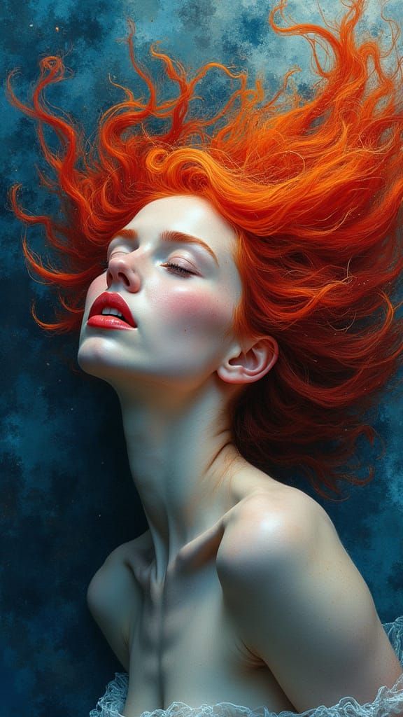 Fiery Woman Portrait with Flowing Crimson Hair