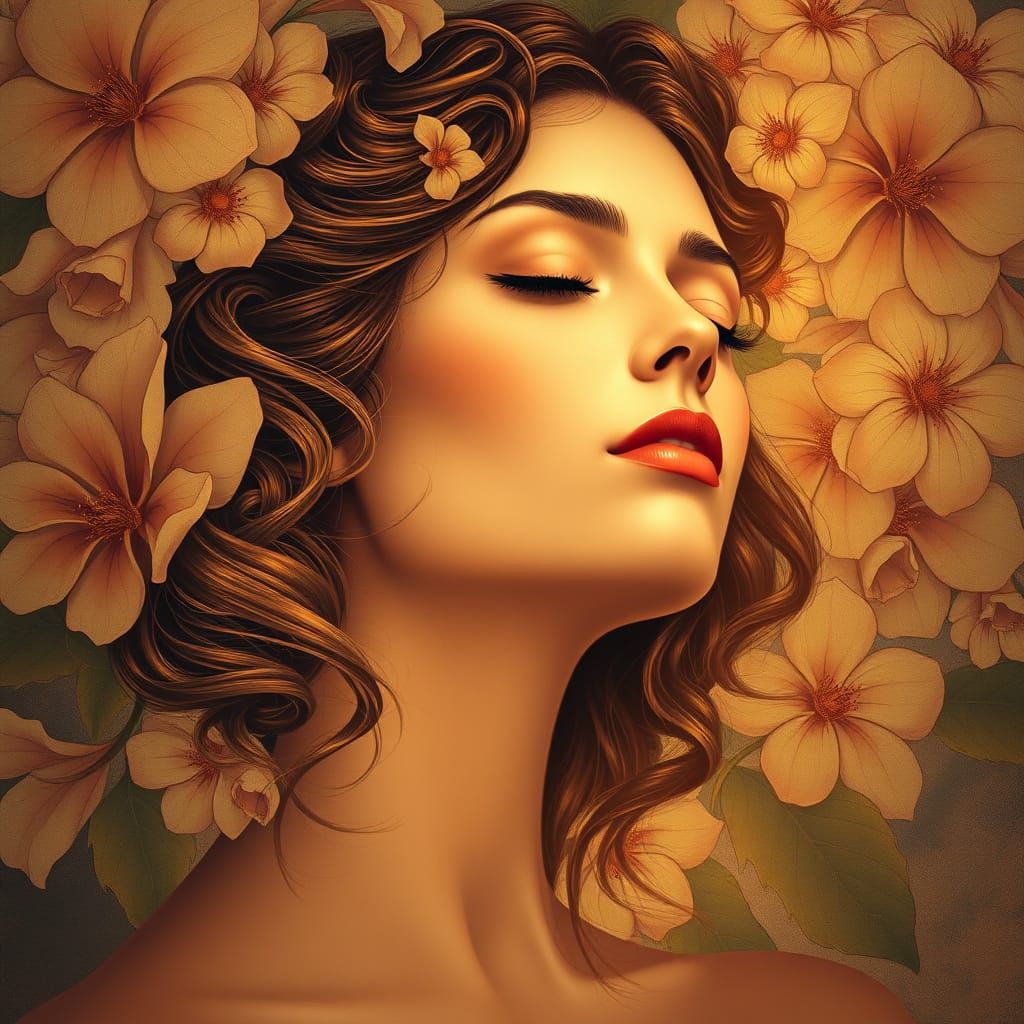 Serenely Elegant Woman Amidst Lush Floral Patterns in Art No...