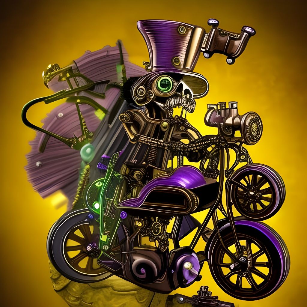 Steampunk Skeleton on Motorbike Time Machine