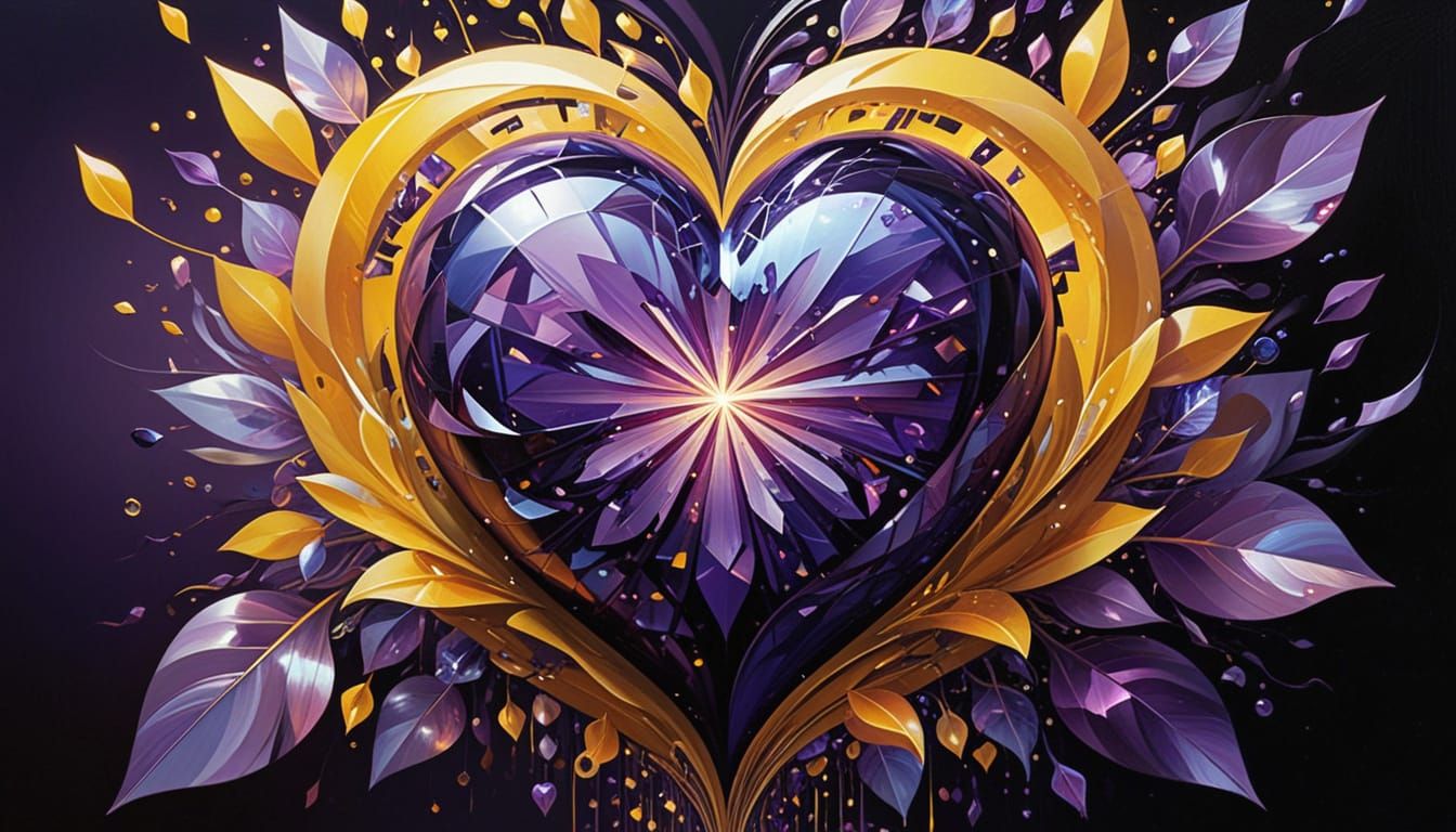 Surreal Heart with Falling Petals in Cubist Style